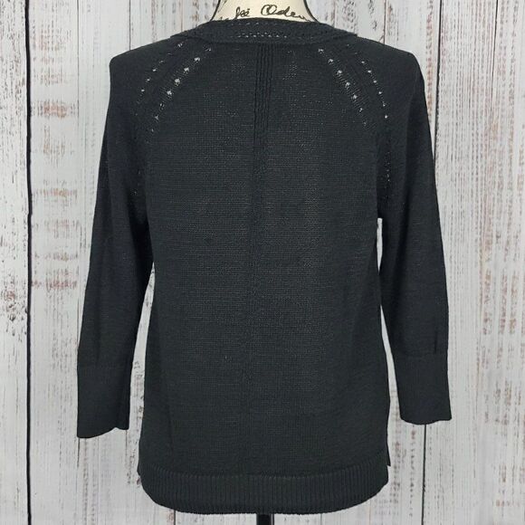 Loft Medium Black Ramie Knit Crotchet Classic 3/4 Sleeve Crew Neck Sweater - Picture 5 of 7